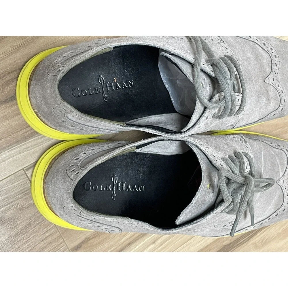 Cole Haan Preppy Lunargrand Lunarlon  Suede Gray Yellow Men Oxford Shoes Sz 12 M